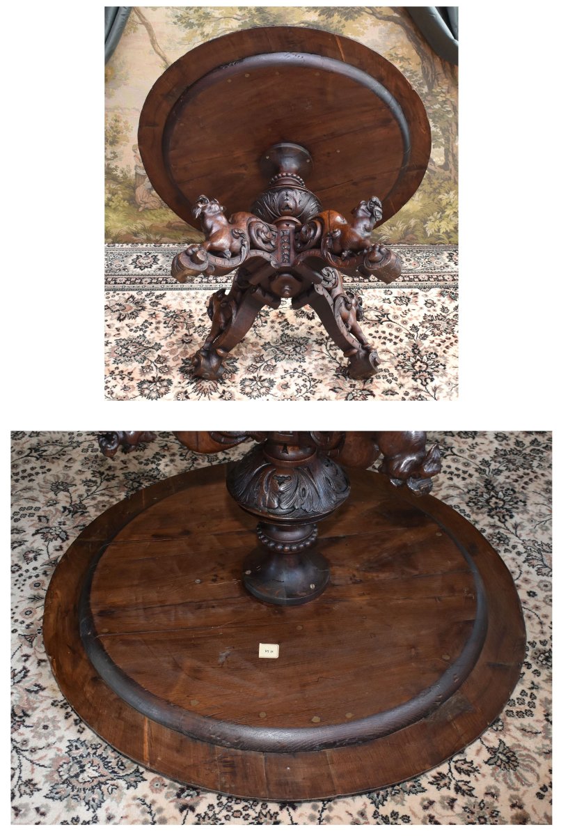 Central Table, Carved Oak, Fantastical Chimera Animals, Pedestal Table In 19th Century Renaissance Style-photo-8