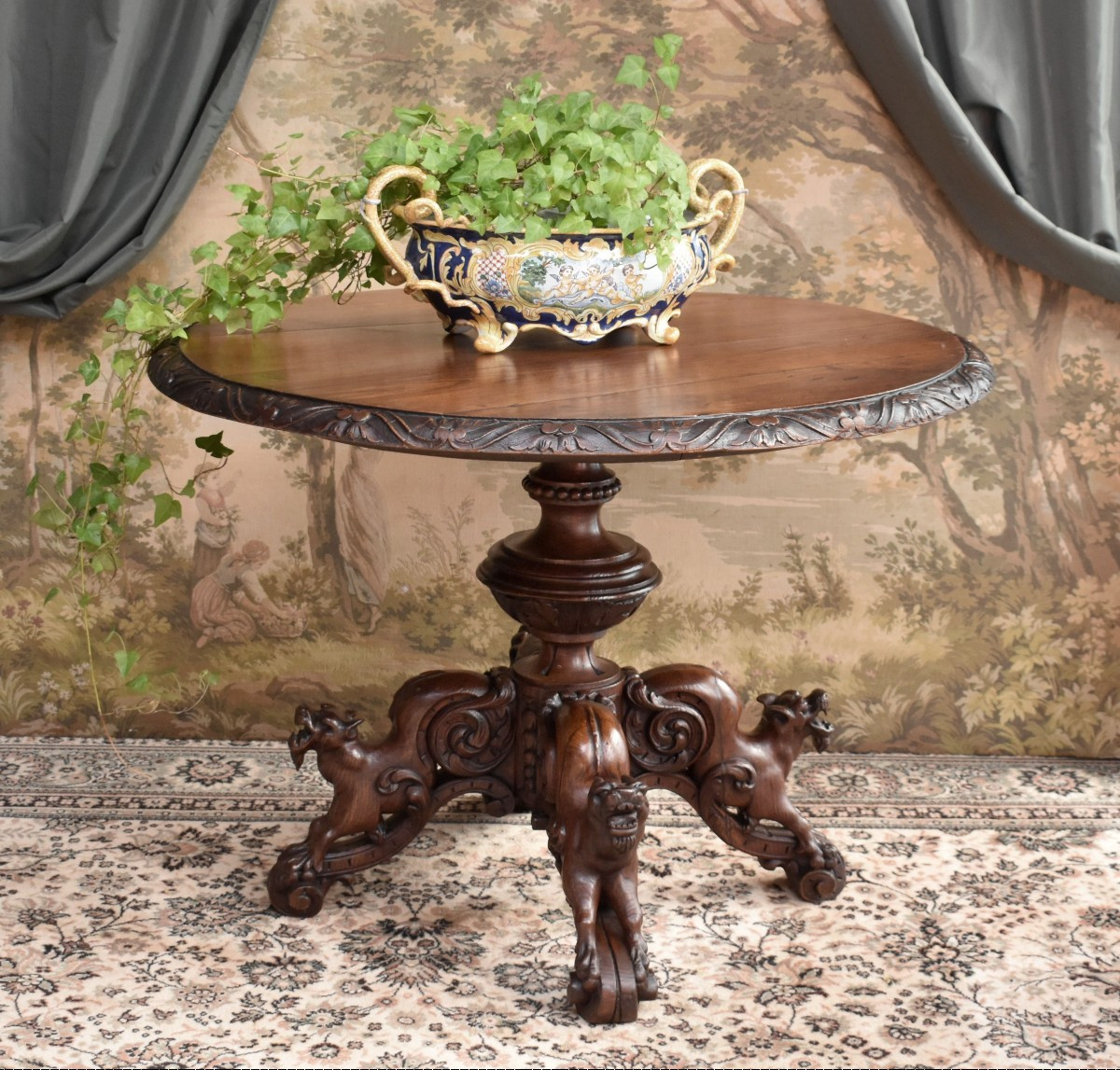 Central Table, Carved Oak, Fantastical Chimera Animals, Pedestal Table In 19th Century Renaissance Style