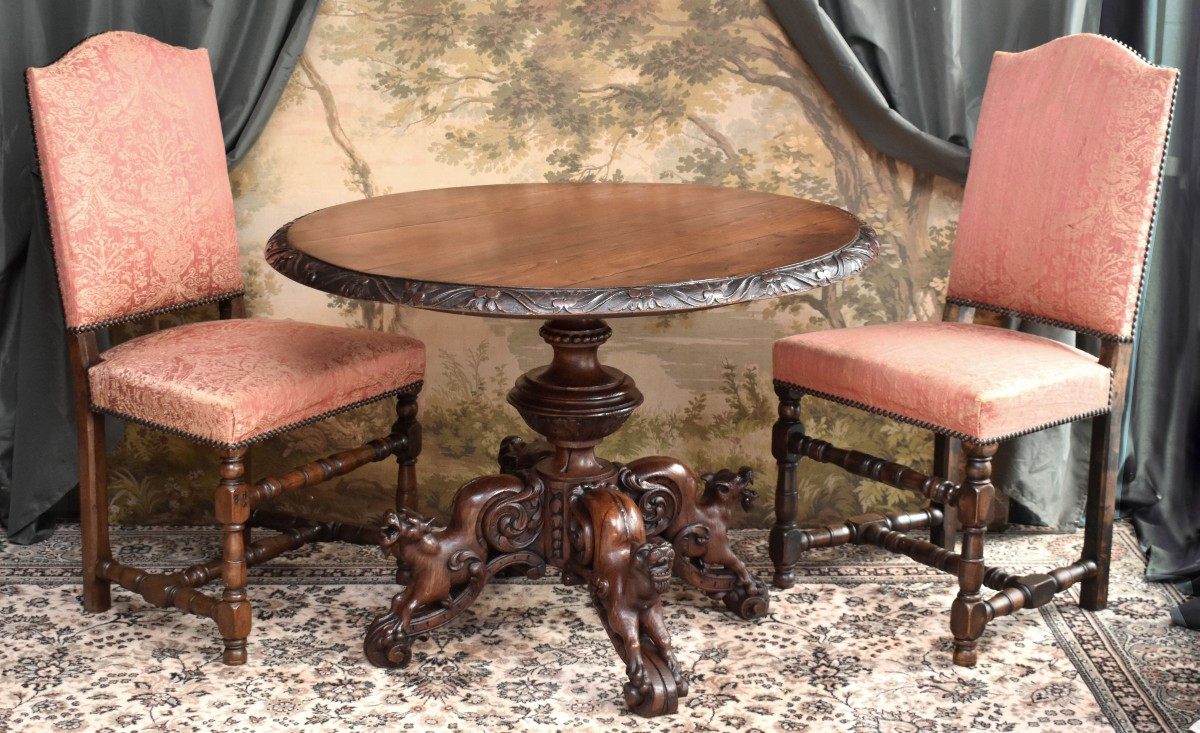 Central Table, Carved Oak, Fantastical Chimera Animals, Pedestal Table In 19th Century Renaissance Style