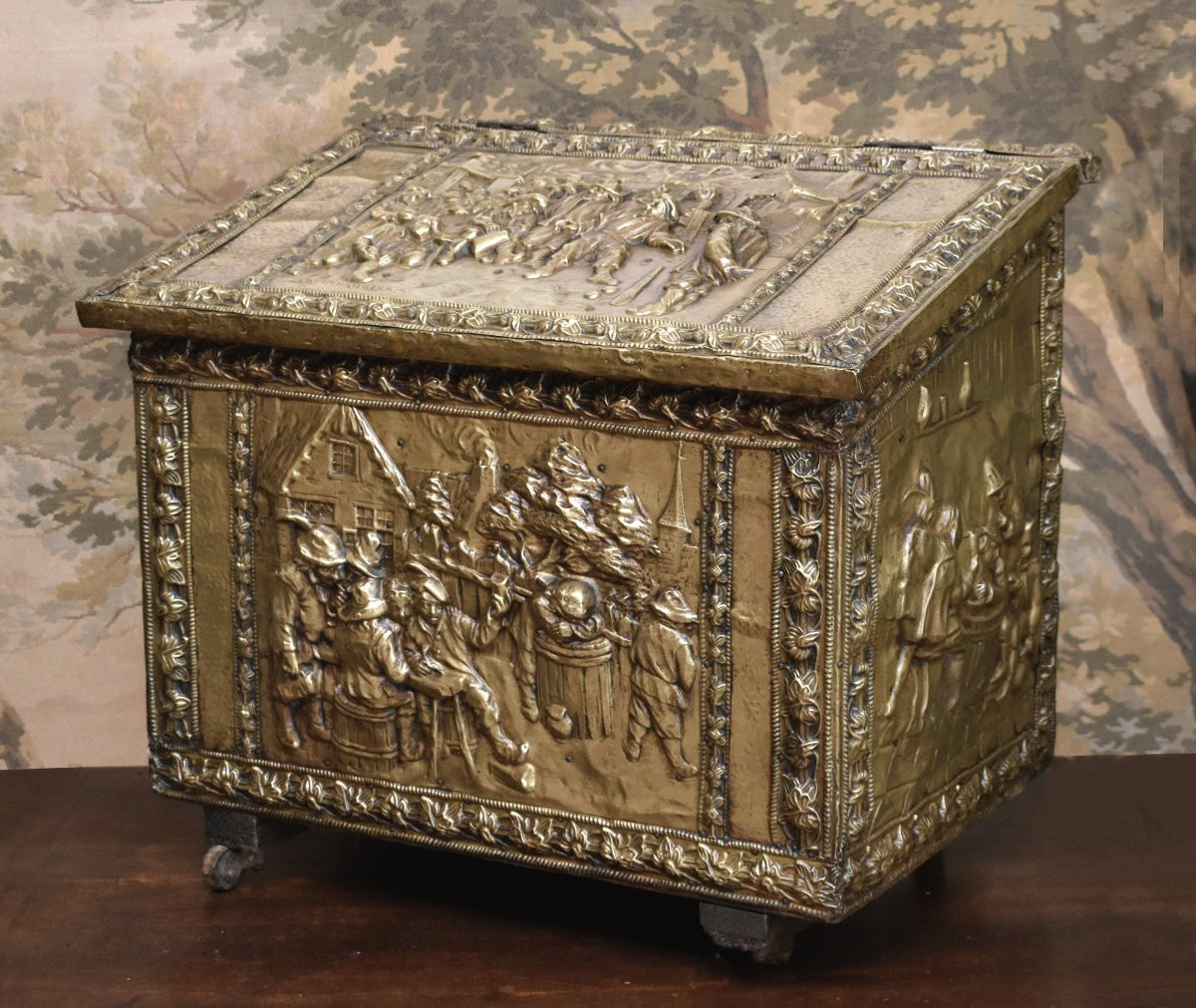 Repoussé Brass Chest, Humorous Village Scene Decor, Tavern And Bowling Game-photo-3