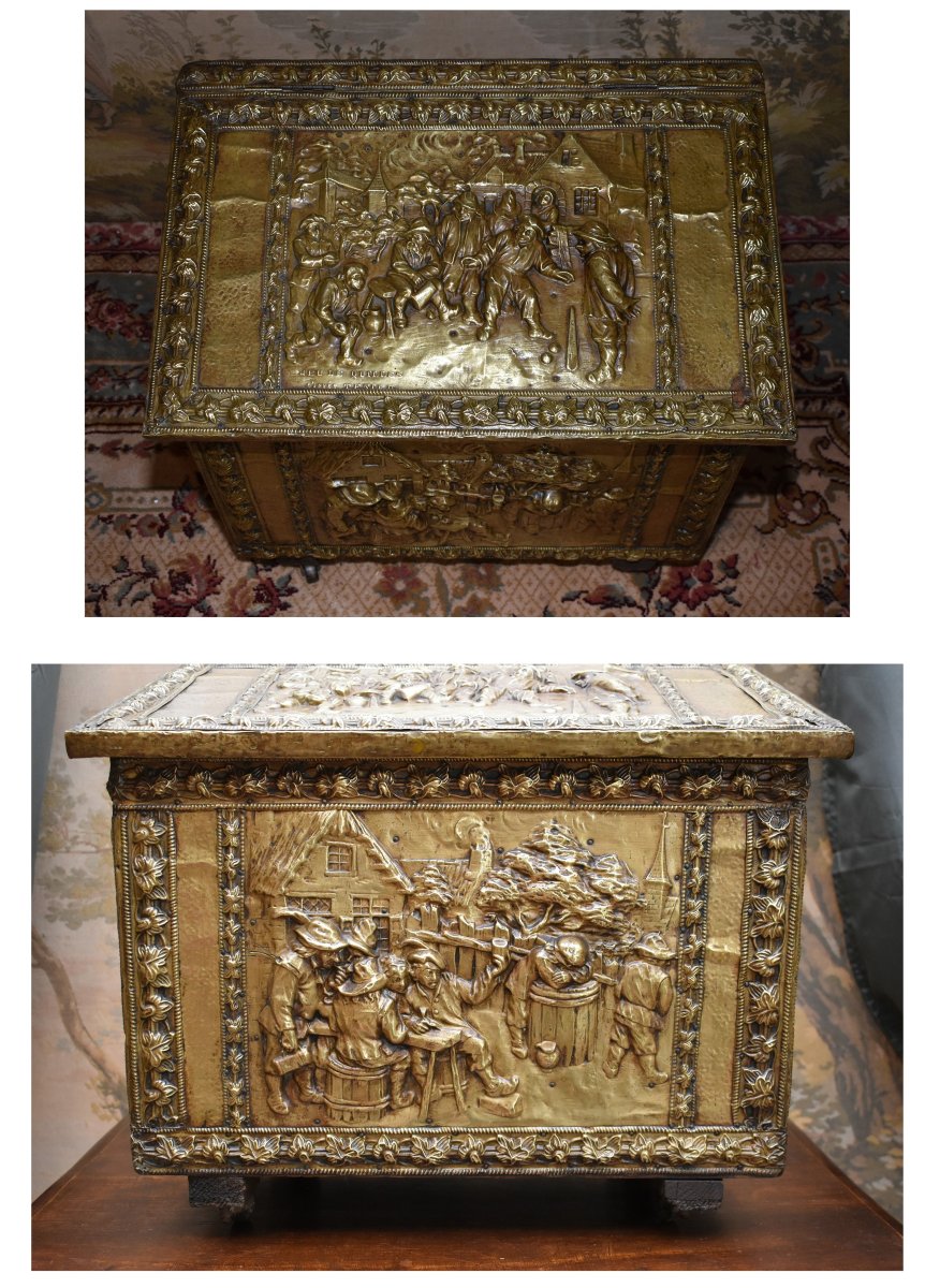 Repoussé Brass Chest, Humorous Village Scene Decor, Tavern And Bowling Game-photo-1