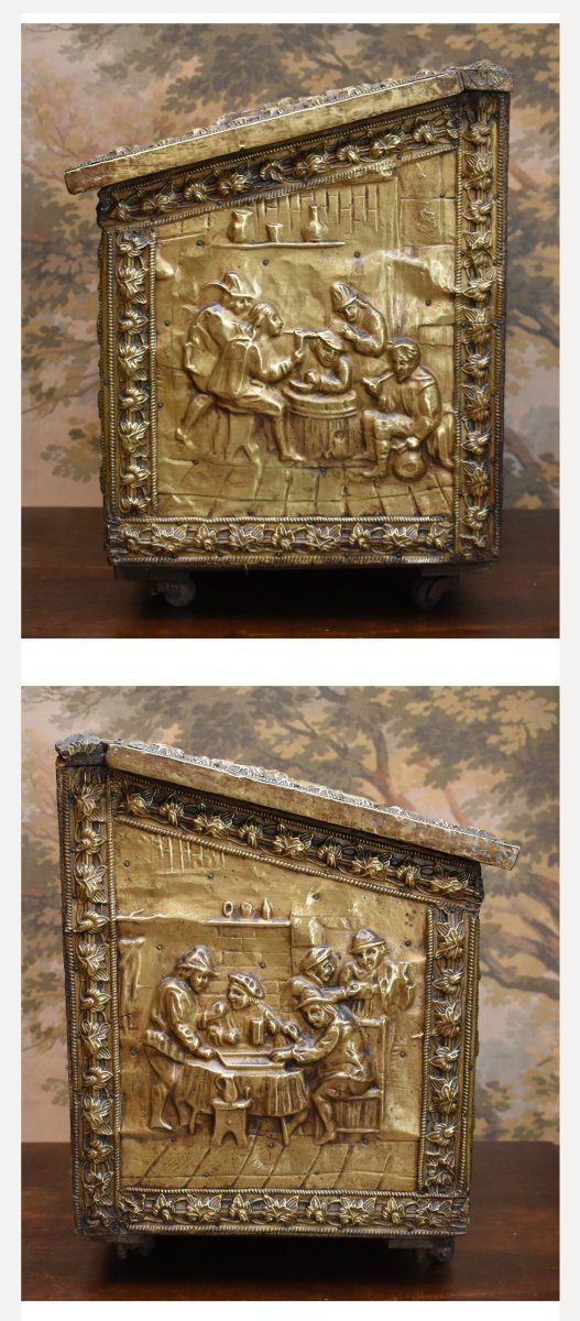 Repoussé Brass Chest, Humorous Village Scene Decor, Tavern And Bowling Game-photo-2
