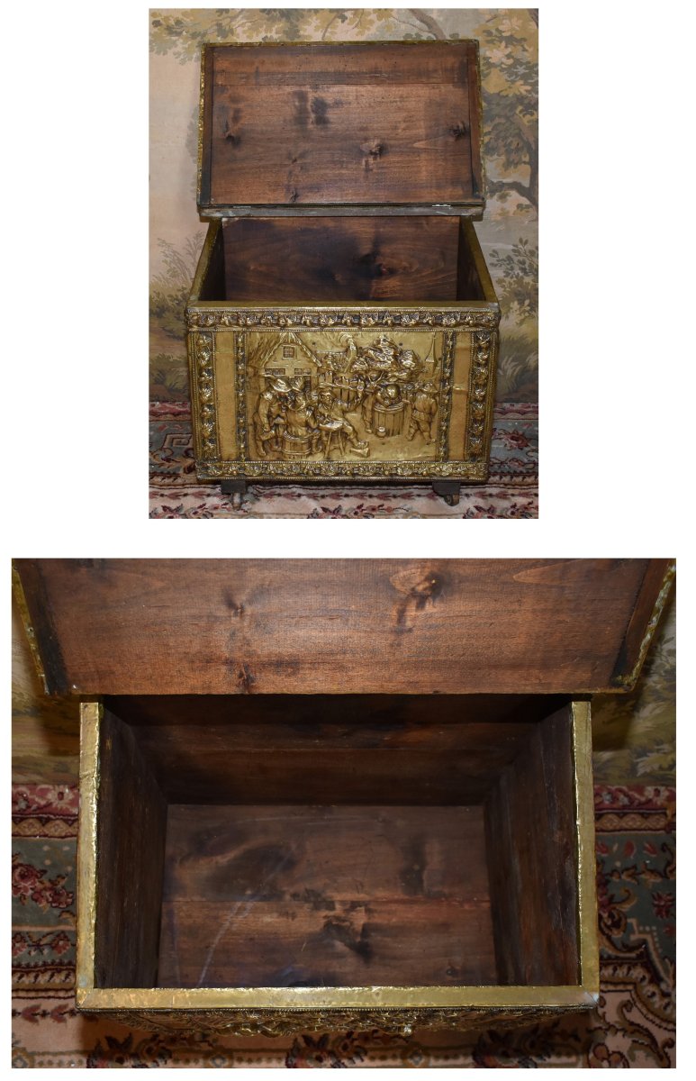Repoussé Brass Chest, Humorous Village Scene Decor, Tavern And Bowling Game-photo-3