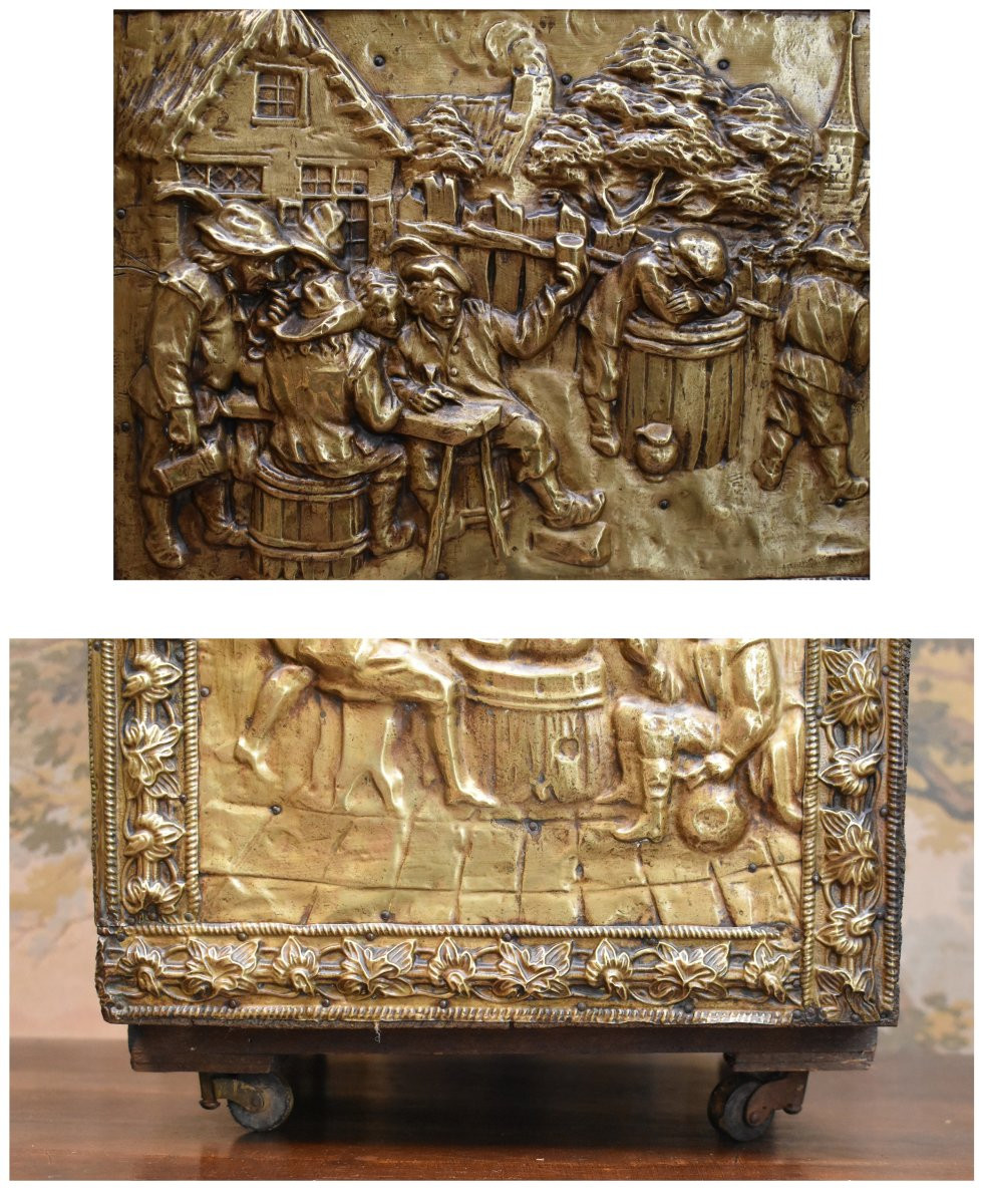 Repoussé Brass Chest, Humorous Village Scene Decor, Tavern And Bowling Game-photo-5