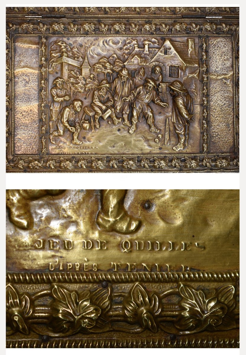 Repoussé Brass Chest, Humorous Village Scene Decor, Tavern And Bowling Game-photo-6
