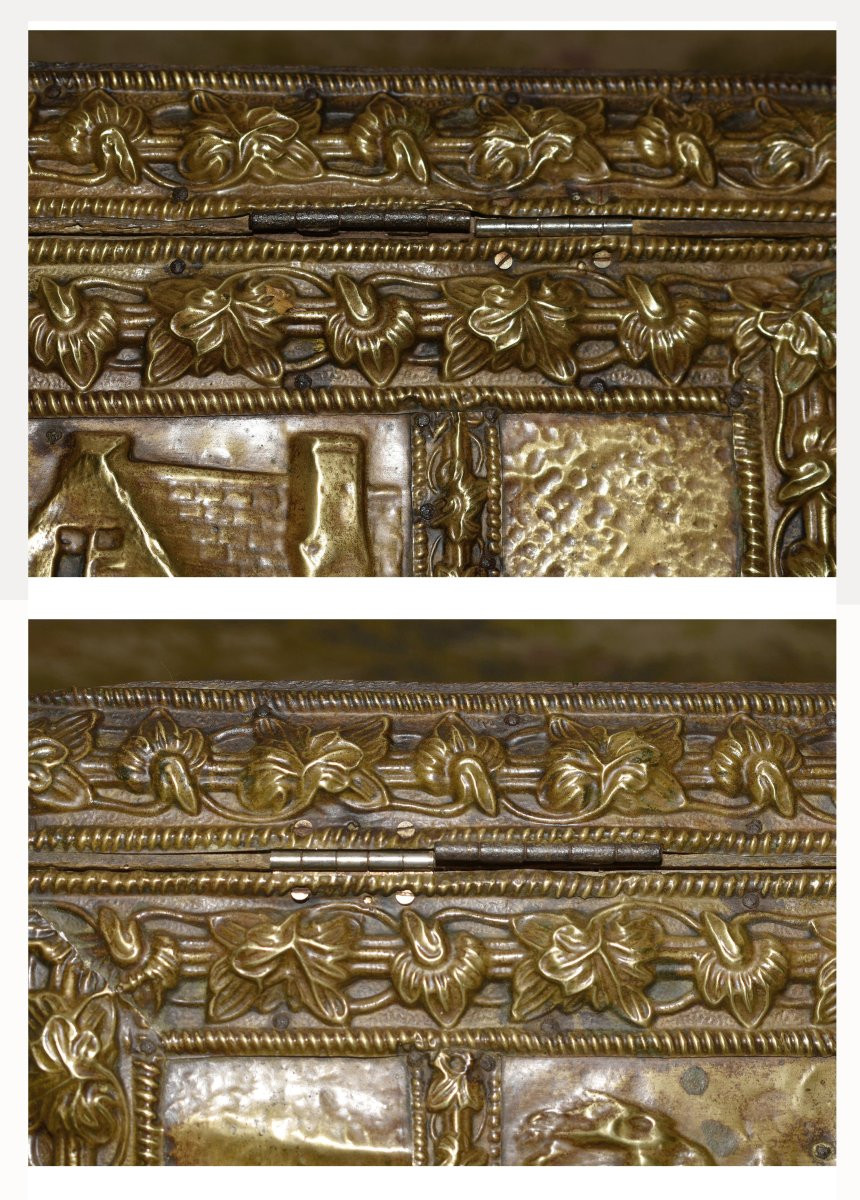 Repoussé Brass Chest, Humorous Village Scene Decor, Tavern And Bowling Game-photo-7