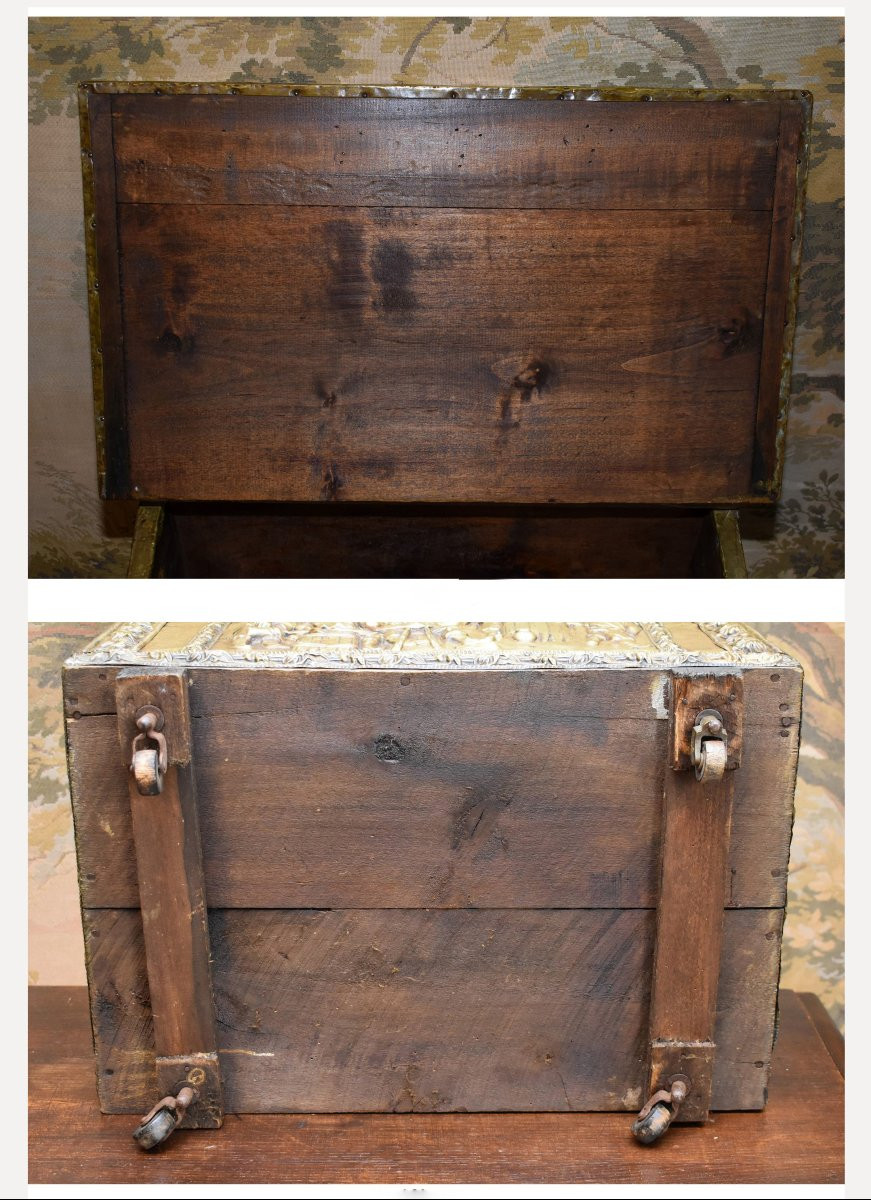 Repoussé Brass Chest, Humorous Village Scene Decor, Tavern And Bowling Game-photo-8