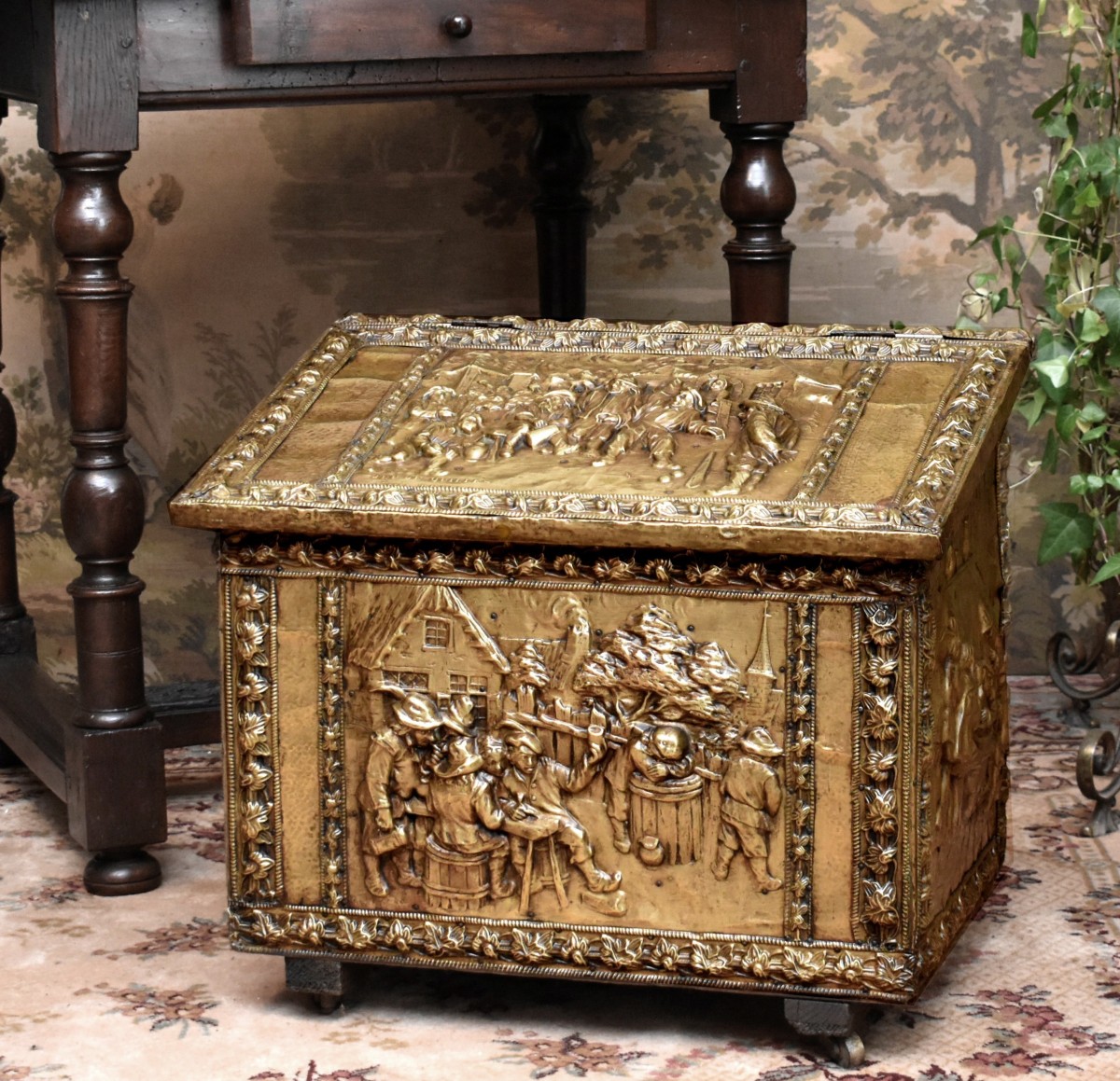 Repoussé Brass Chest, Humorous Village Scene Decor, Tavern And Bowling Game
