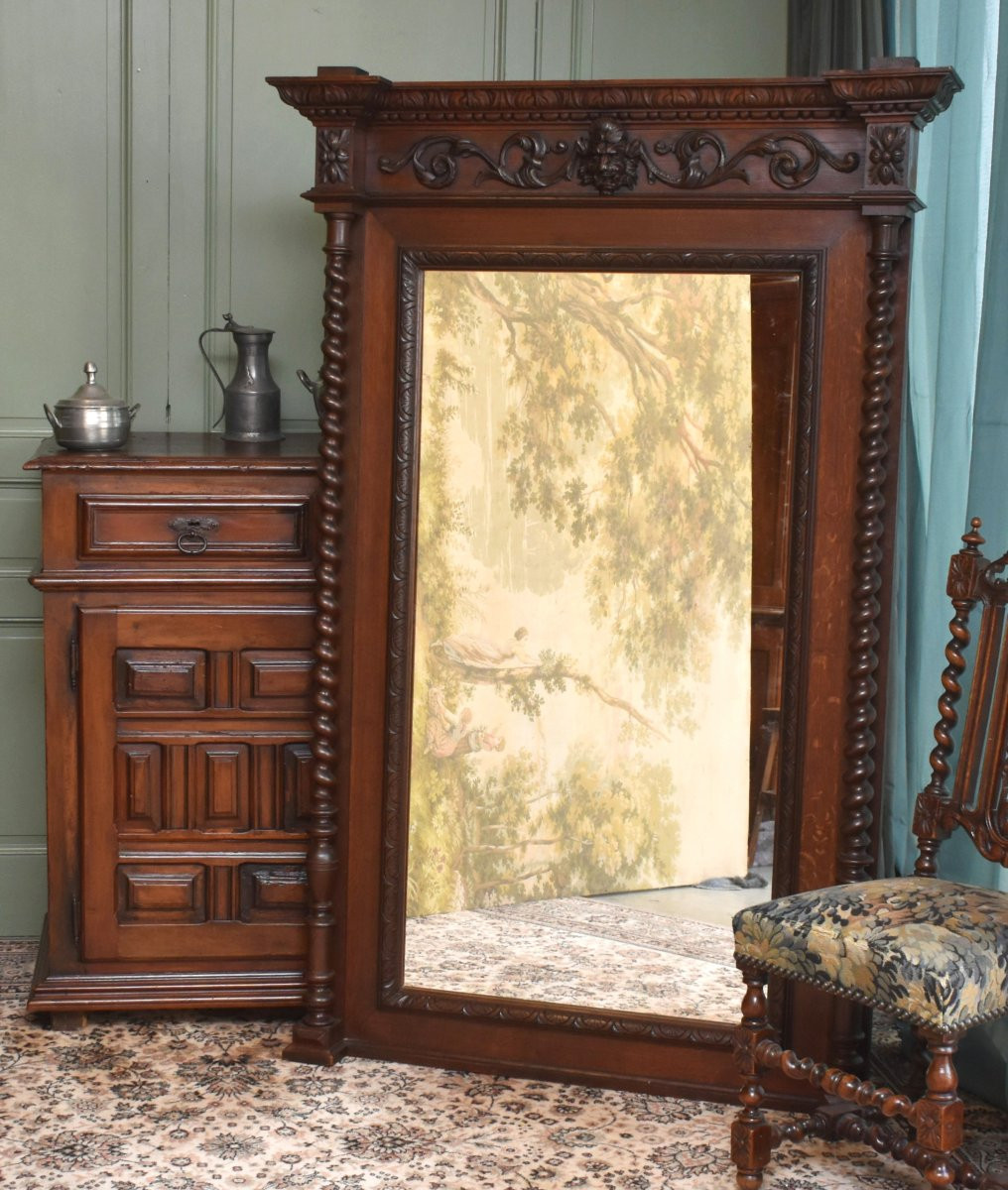 Oak Mirror In Renaissance - Louis XIII Style, 2 Twisted Columns, Satyr Mascaron, 19th Century-photo-2