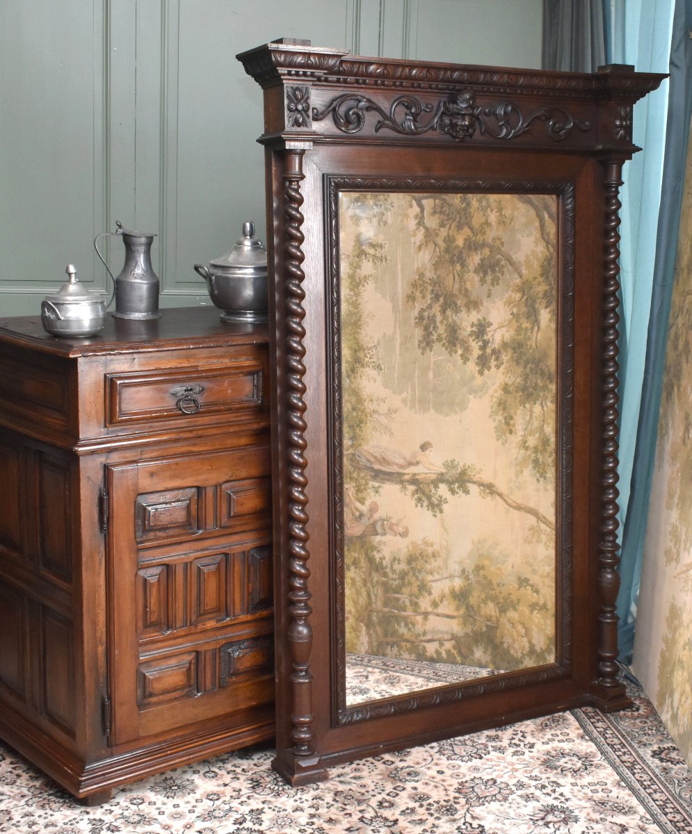 Oak Mirror In Renaissance - Louis XIII Style, 2 Twisted Columns, Satyr Mascaron, 19th Century-photo-3