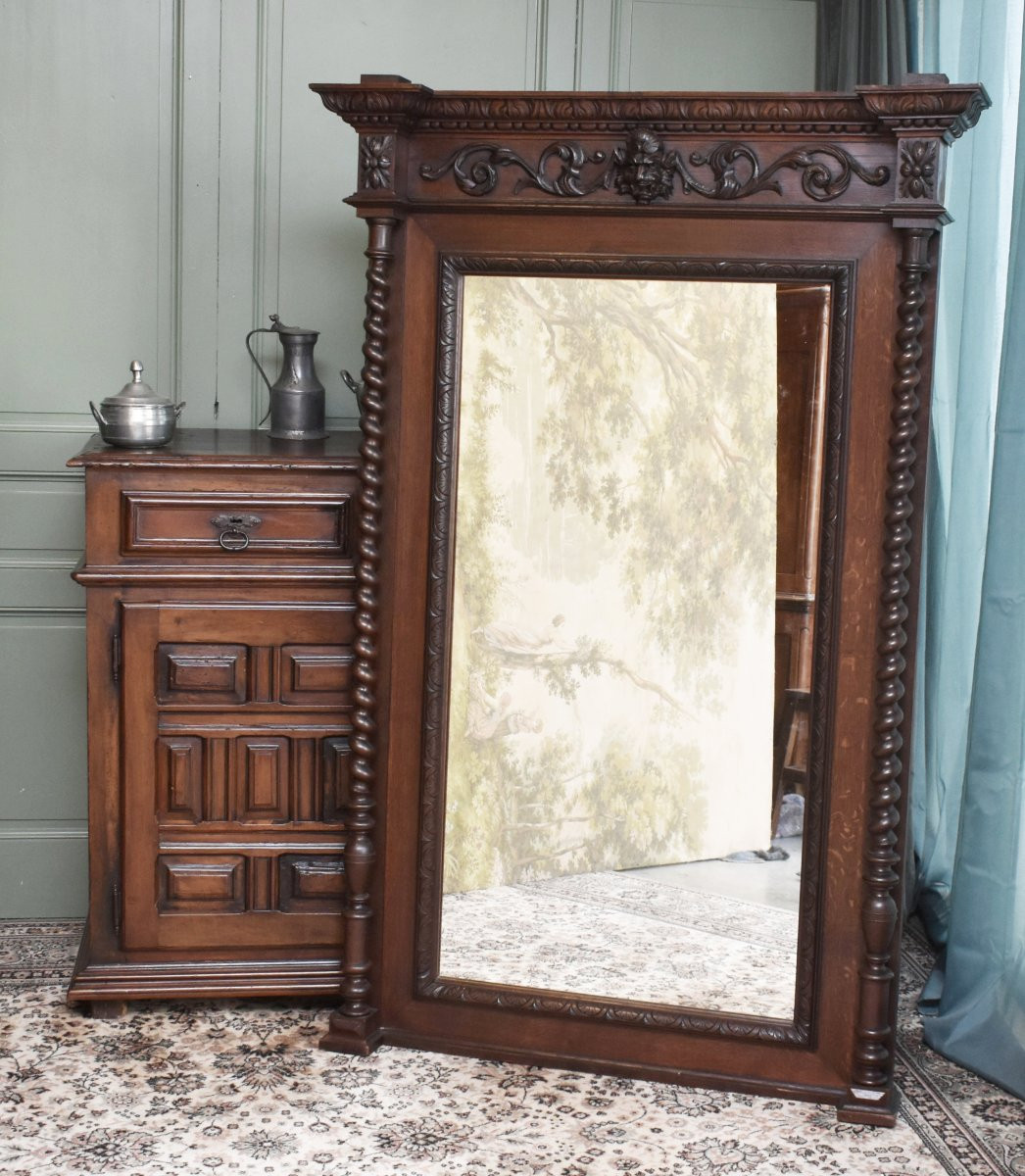 Oak Mirror In Renaissance - Louis XIII Style, 2 Twisted Columns, Satyr Mascaron, 19th Century-photo-4
