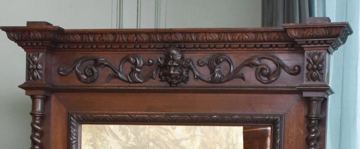 Oak Mirror In Renaissance - Louis XIII Style, 2 Twisted Columns, Satyr Mascaron, 19th Century-photo-1