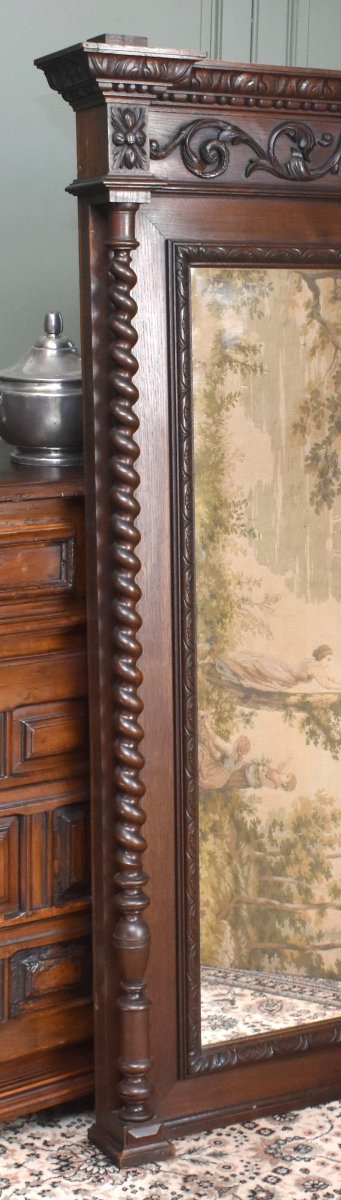 Oak Mirror In Renaissance - Louis XIII Style, 2 Twisted Columns, Satyr Mascaron, 19th Century-photo-2