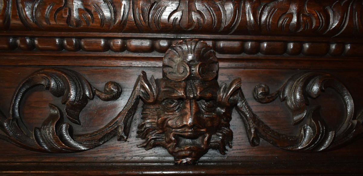 Oak Mirror In Renaissance - Louis XIII Style, 2 Twisted Columns, Satyr Mascaron, 19th Century-photo-3