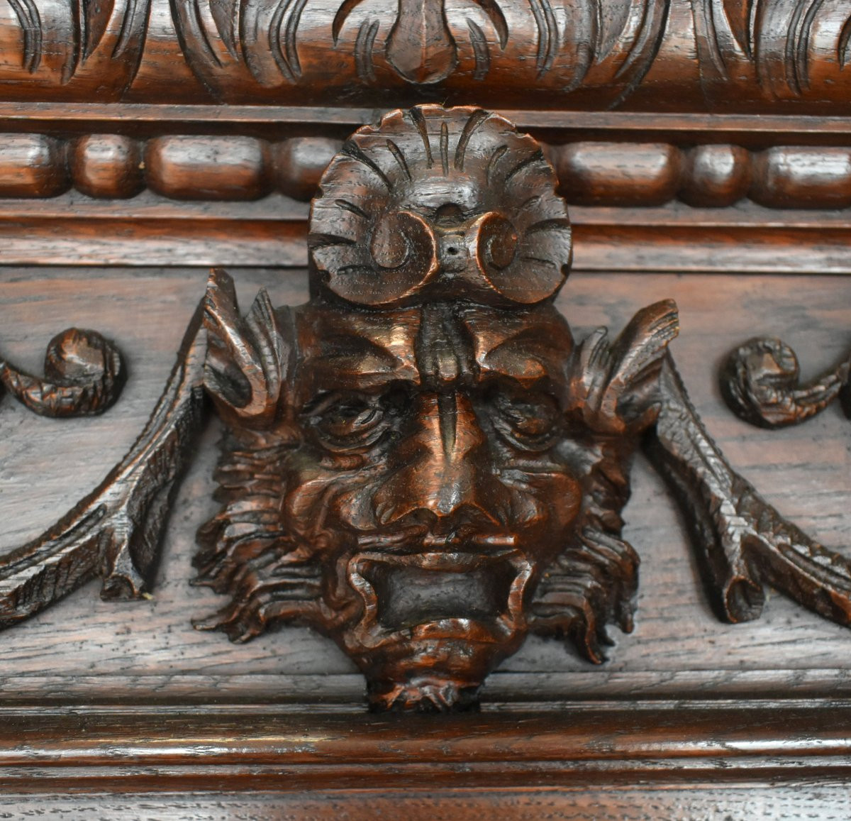 Oak Mirror In Renaissance - Louis XIII Style, 2 Twisted Columns, Satyr Mascaron, 19th Century-photo-4