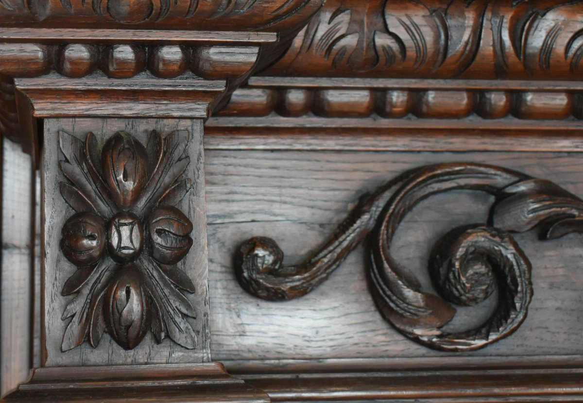 Oak Mirror In Renaissance - Louis XIII Style, 2 Twisted Columns, Satyr Mascaron, 19th Century-photo-5