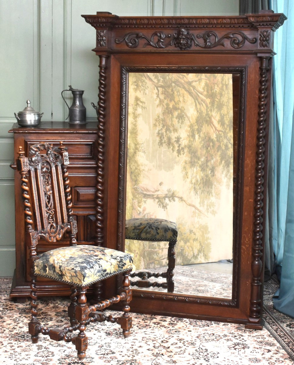 Oak Mirror In Renaissance - Louis XIII Style, 2 Twisted Columns, Satyr Mascaron, 19th Century
