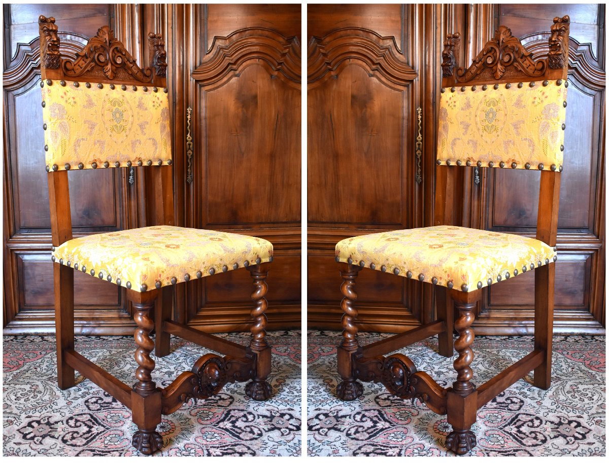 Pair De Chaises De Style Renaissance - Louis XIII En Noyer Massif, Tête Guerrier Antique-photo-2