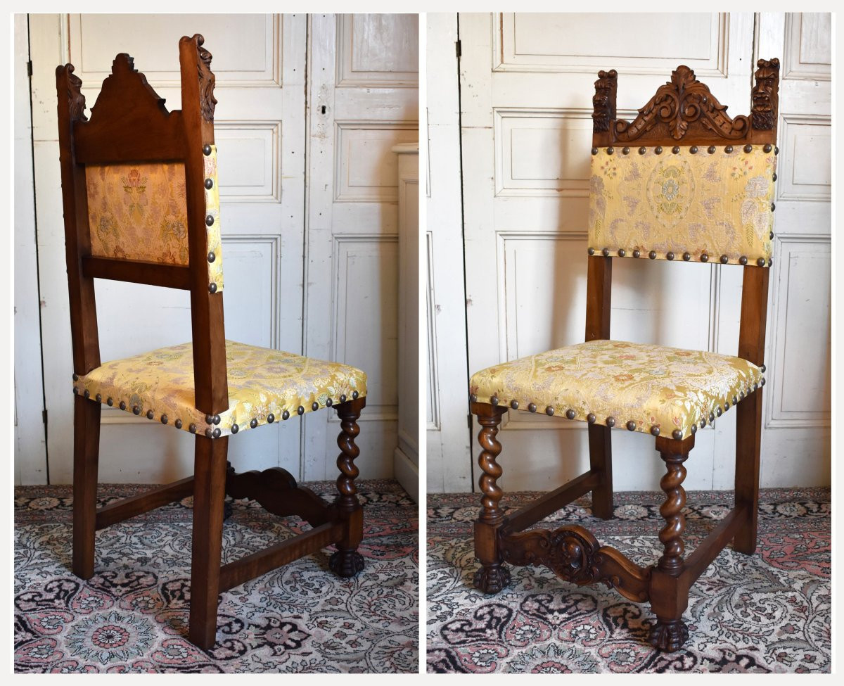 Pair De Chaises De Style Renaissance - Louis XIII En Noyer Massif, Tête Guerrier Antique-photo-4