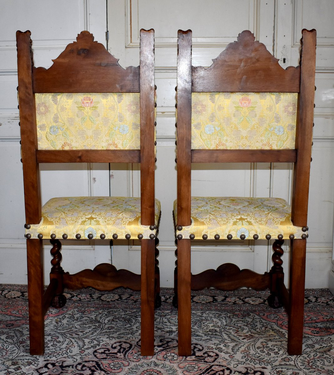 Pair De Chaises De Style Renaissance - Louis XIII En Noyer Massif, Tête Guerrier Antique-photo-5