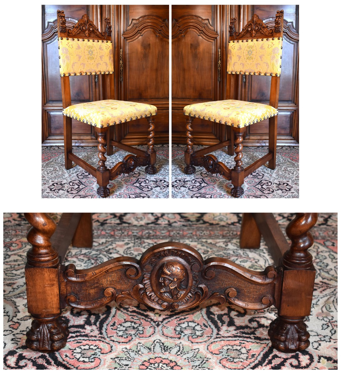 Pair De Chaises De Style Renaissance - Louis XIII En Noyer Massif, Tête Guerrier Antique