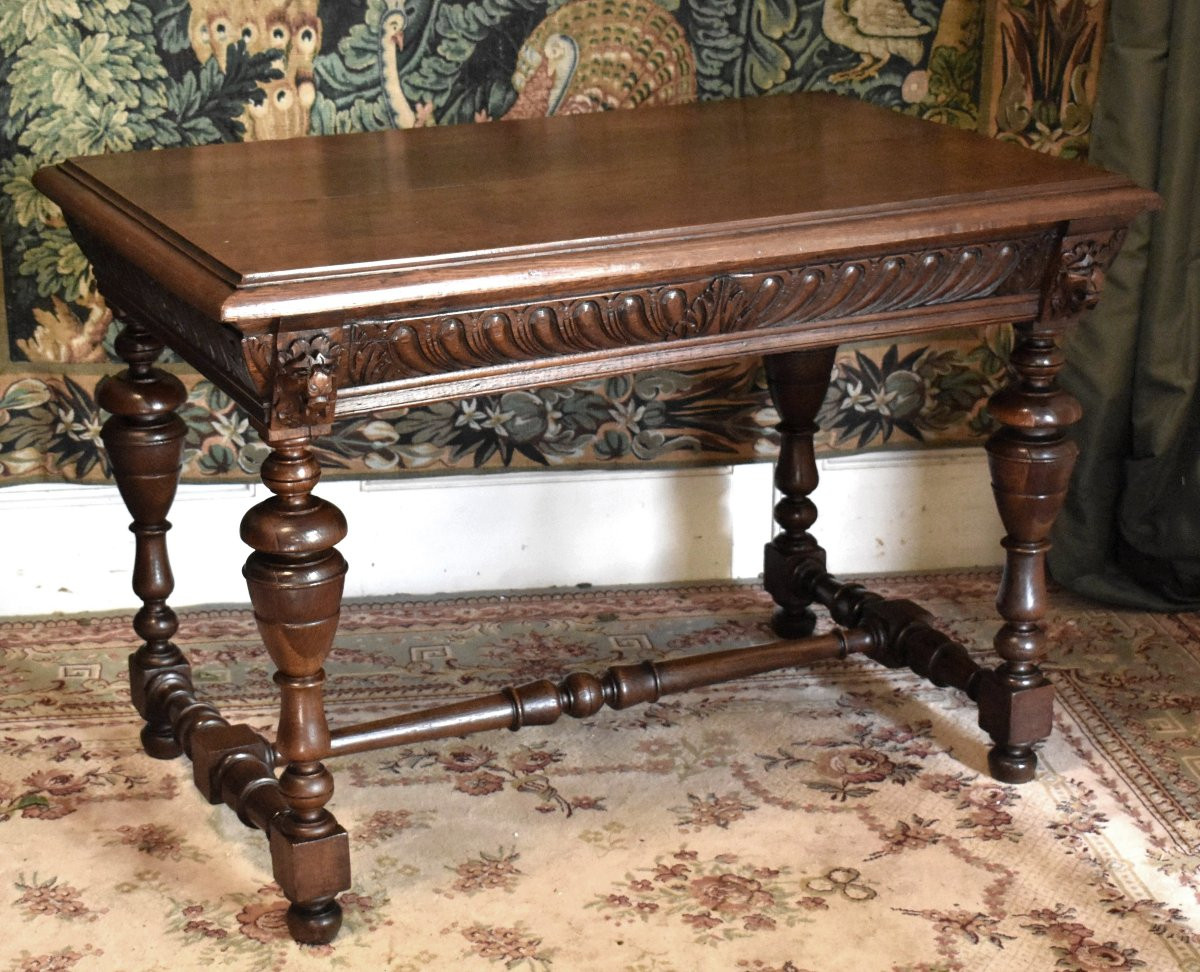 Console de style Renaissance, Bureau en chêne, Table à écrire, table de milieu , salon, XIXe-photo-2
