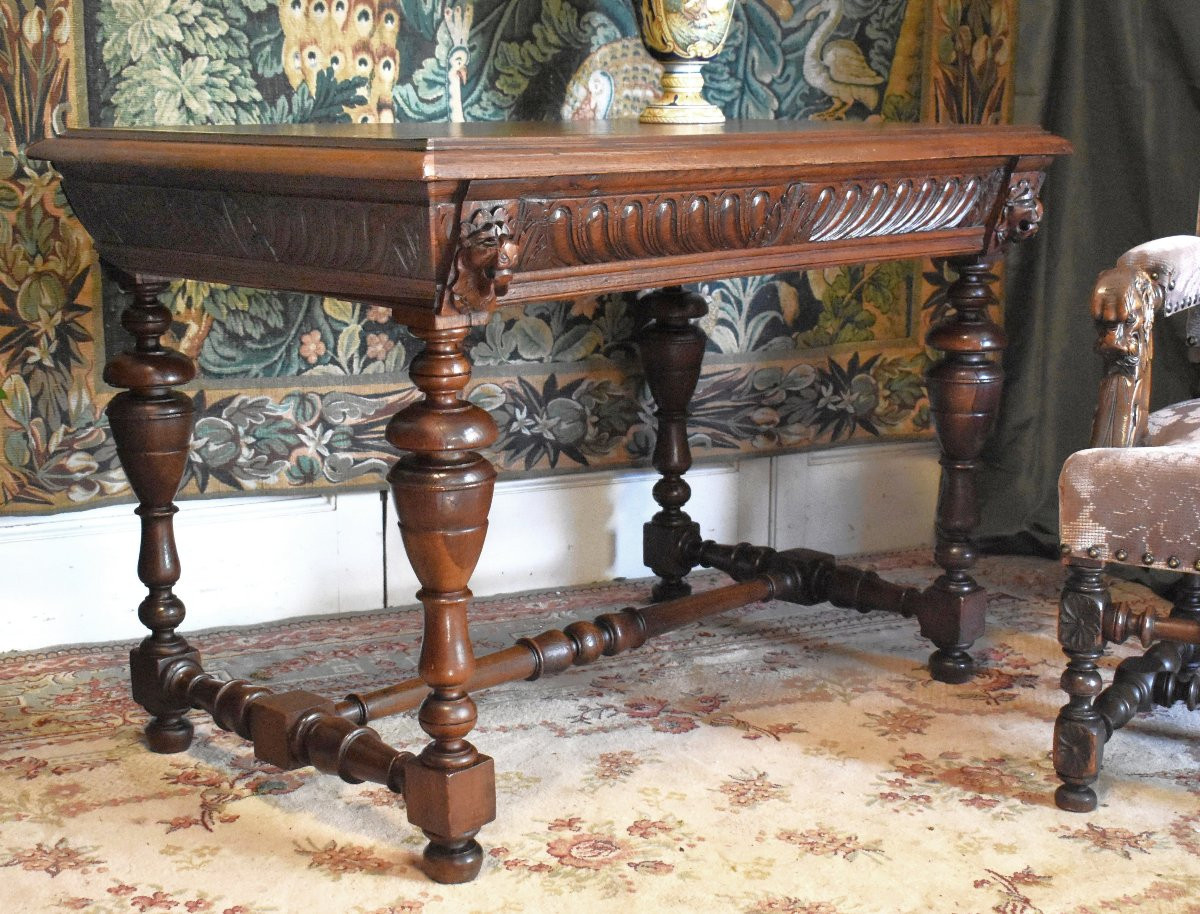 Console de style Renaissance, Bureau en chêne, Table à écrire, table de milieu , salon, XIXe-photo-3