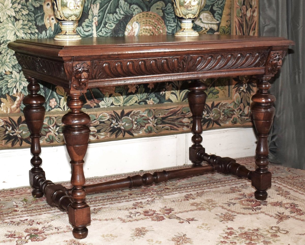 Console de style Renaissance, Bureau en chêne, Table à écrire, table de milieu , salon, XIXe-photo-4