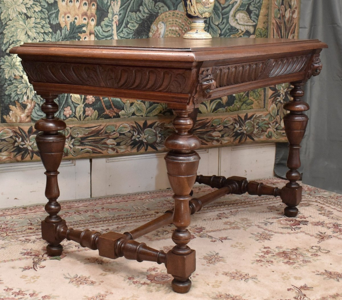Console de style Renaissance, Bureau en chêne, Table à écrire, table de milieu , salon, XIXe-photo-3