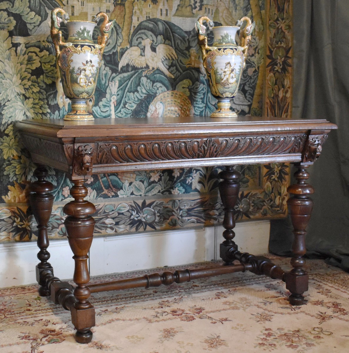 Console de style Renaissance, Bureau en chêne, Table à écrire, table de milieu , salon, XIXe