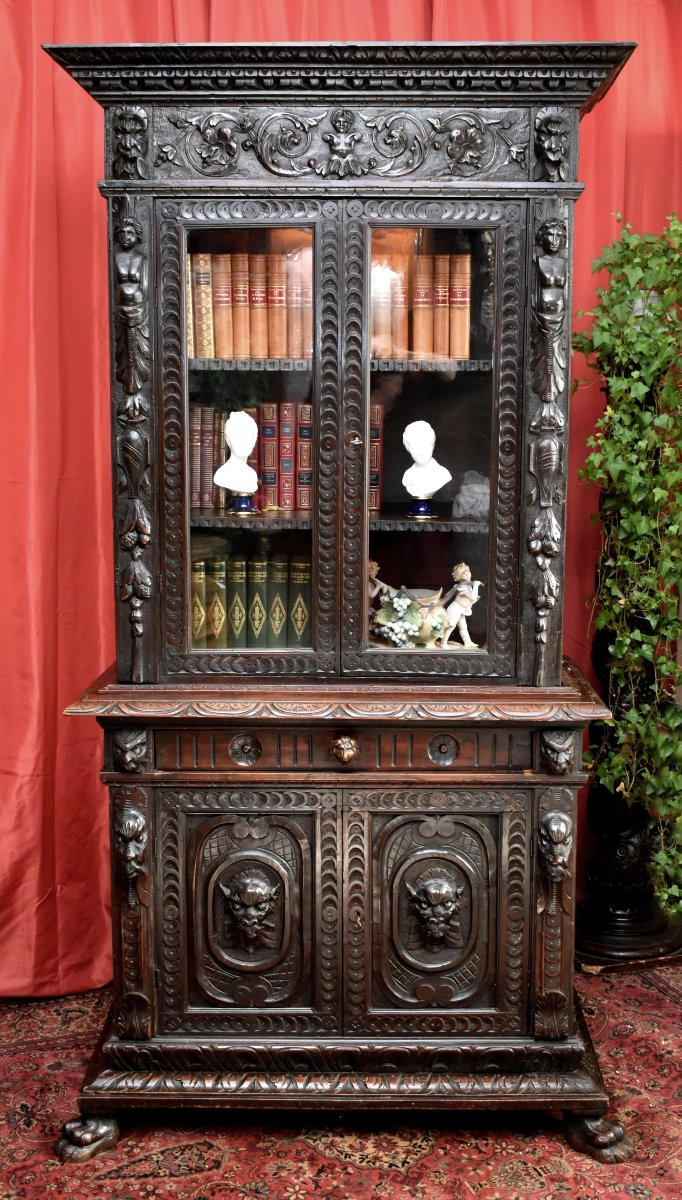 Renaissance Style Display Case, Buffet Double-glazed Bookcase, Mascarons, Caryatids-photo-2