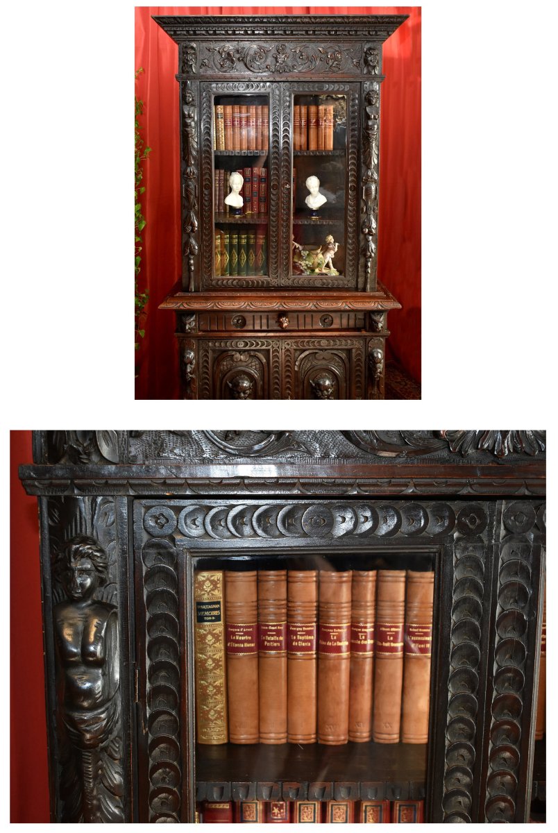 Renaissance Style Display Case, Buffet Double-glazed Bookcase, Mascarons, Caryatids-photo-2