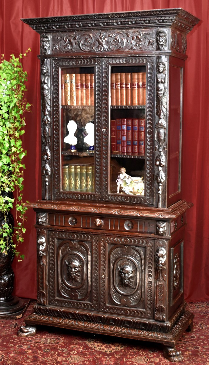Renaissance Style Display Case, Buffet Double-glazed Bookcase, Mascarons, Caryatids
