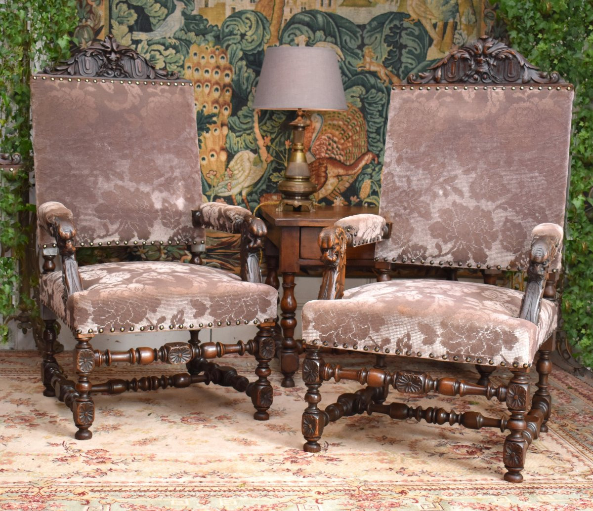 Paire de grands Fauteuils d' apparat de Style Renaissance,  Sièges  XIXe Tissu Velours, noyer-photo-2