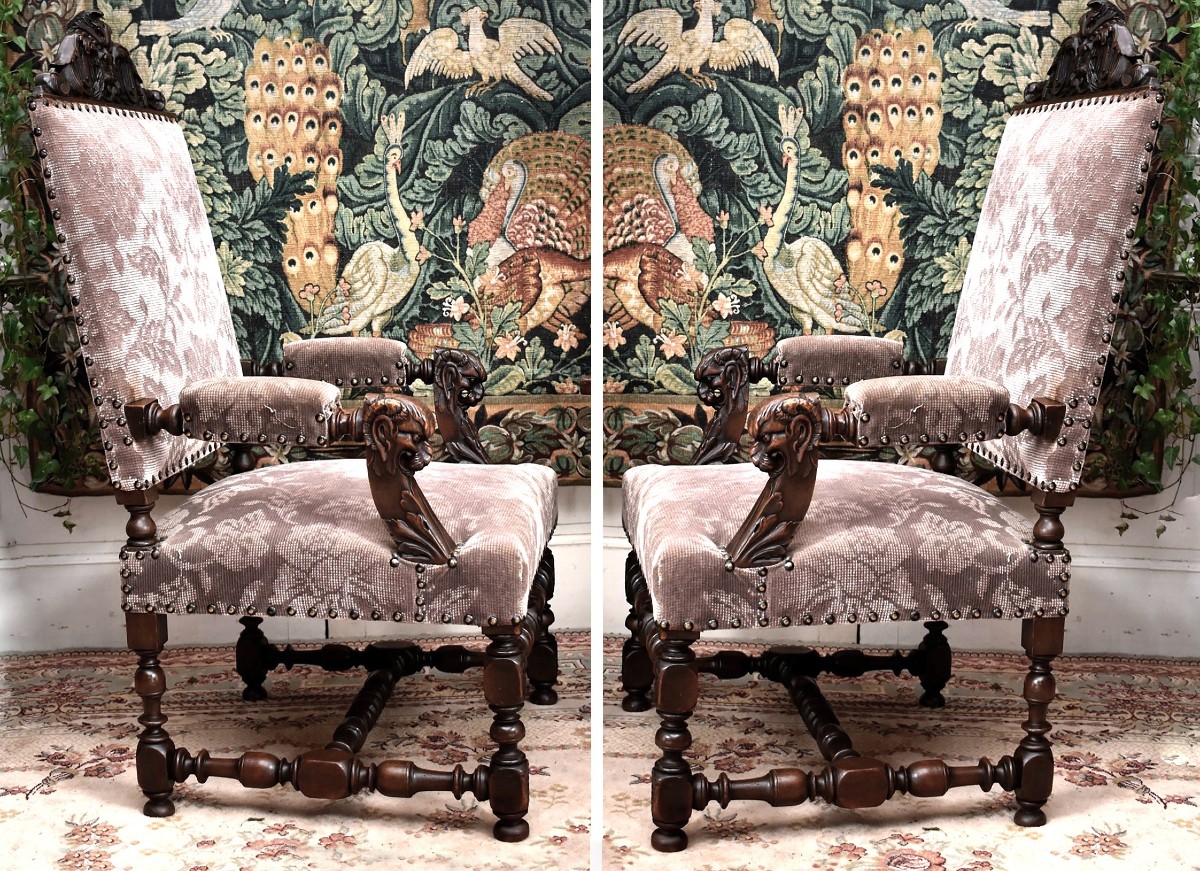 Paire de grands Fauteuils d' apparat de Style Renaissance,  Sièges  XIXe Tissu Velours, noyer-photo-4