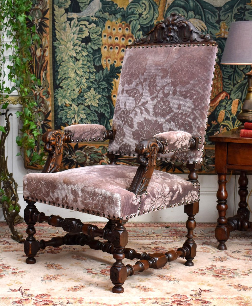 Paire de grands Fauteuils d' apparat de Style Renaissance,  Sièges  XIXe Tissu Velours, noyer-photo-1