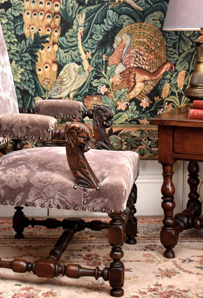 Paire de grands Fauteuils d' apparat de Style Renaissance,  Sièges  XIXe Tissu Velours, noyer-photo-2