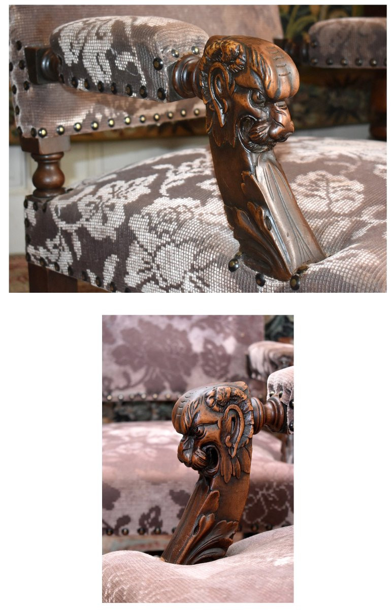 Paire de grands Fauteuils d' apparat de Style Renaissance,  Sièges  XIXe Tissu Velours, noyer-photo-3