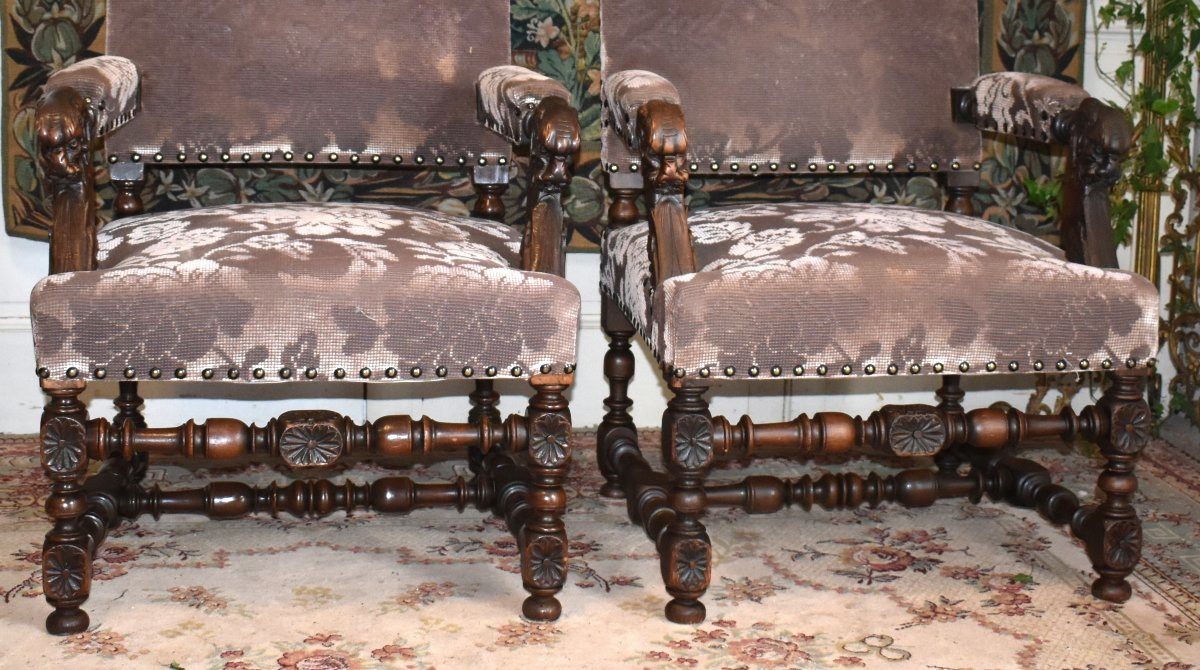 Paire de grands Fauteuils d' apparat de Style Renaissance,  Sièges  XIXe Tissu Velours, noyer-photo-6
