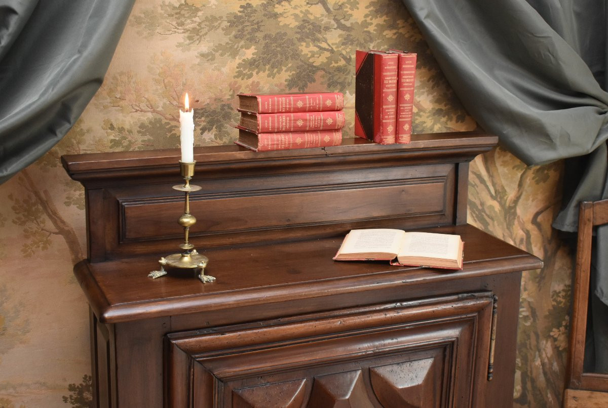 Louis XIII Style 1-door Sideboard In Solid Walnut With Diamond Tips,-photo-3