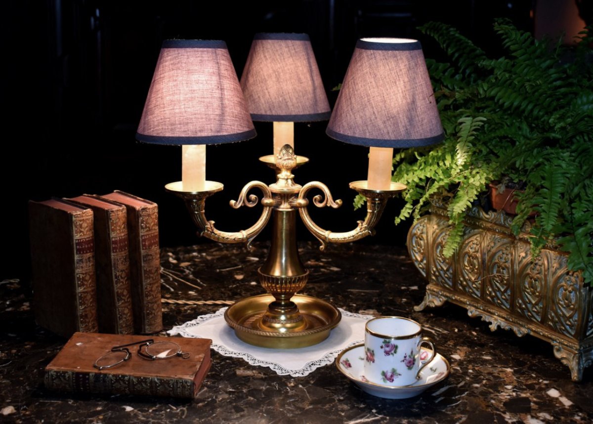 Bouillotte Bronze Lamp With Three Light Arms, Three-light Desk Lamp-photo-2