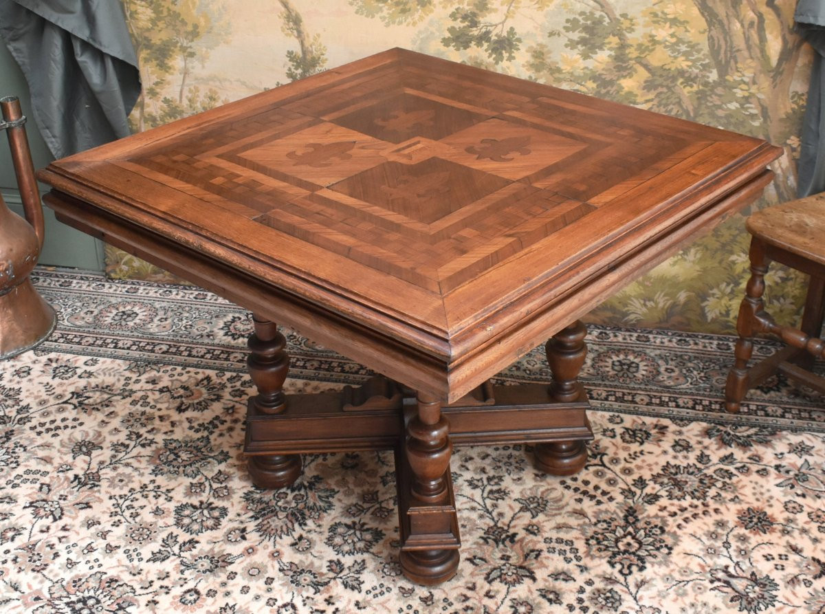 Table carrée de style Renaissance - Louis XIII en chêne et marqueterie,  guéridon, table à jeu -photo-2