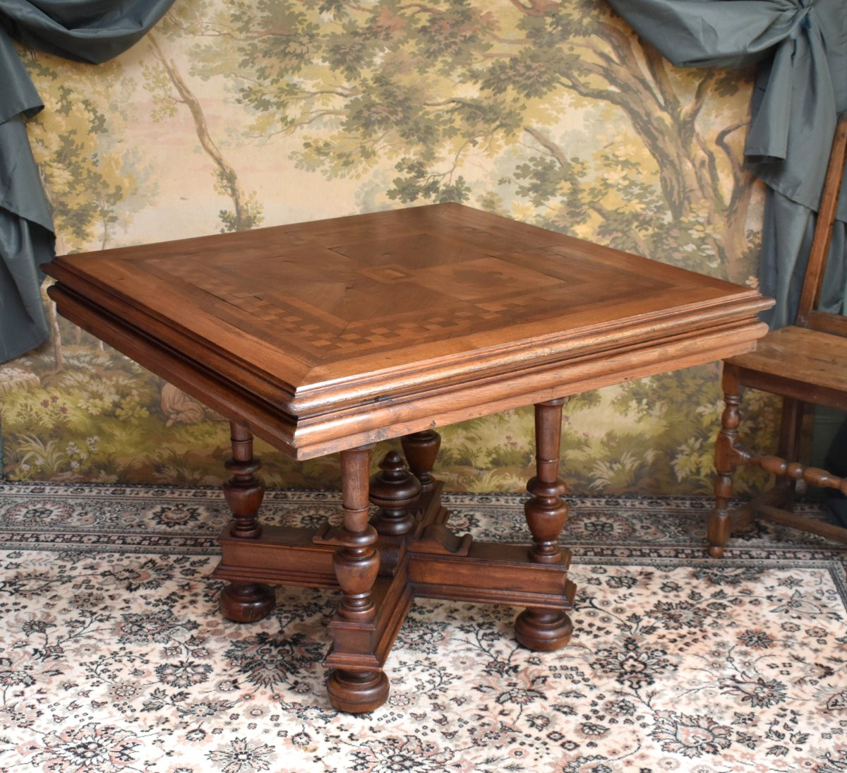 Table carrée de style Renaissance - Louis XIII en chêne et marqueterie,  guéridon, table à jeu -photo-3