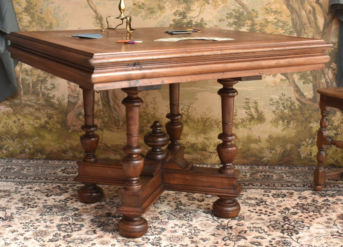Table carrée de style Renaissance - Louis XIII en chêne et marqueterie,  guéridon, table à jeu -photo-4