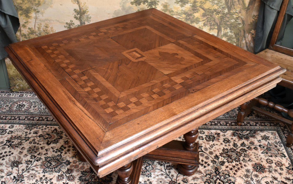 Table carrée de style Renaissance - Louis XIII en chêne et marqueterie,  guéridon, table à jeu -photo-2