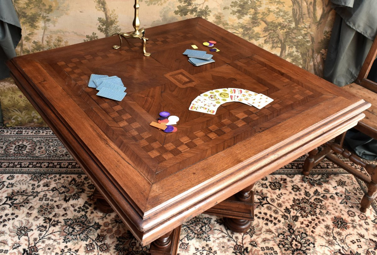 Table carrée de style Renaissance - Louis XIII en chêne et marqueterie,  guéridon, table à jeu -photo-3