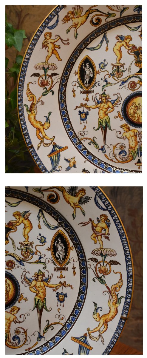 Large Decorative Gien Earthenware Dish, 1866 Period, Italian Renaissance Decor, 19th Century-photo-4