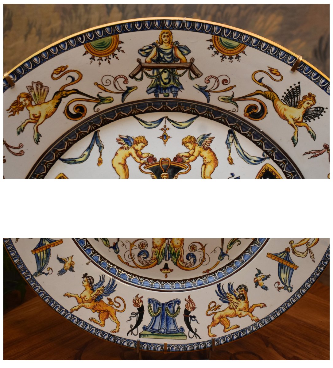 Large Decorative Gien Earthenware Dish, 1866 Period, Italian Renaissance Decor, 19th Century-photo-1