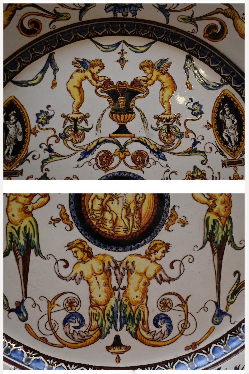 Large Decorative Gien Earthenware Dish, 1866 Period, Italian Renaissance Decor, 19th Century-photo-2