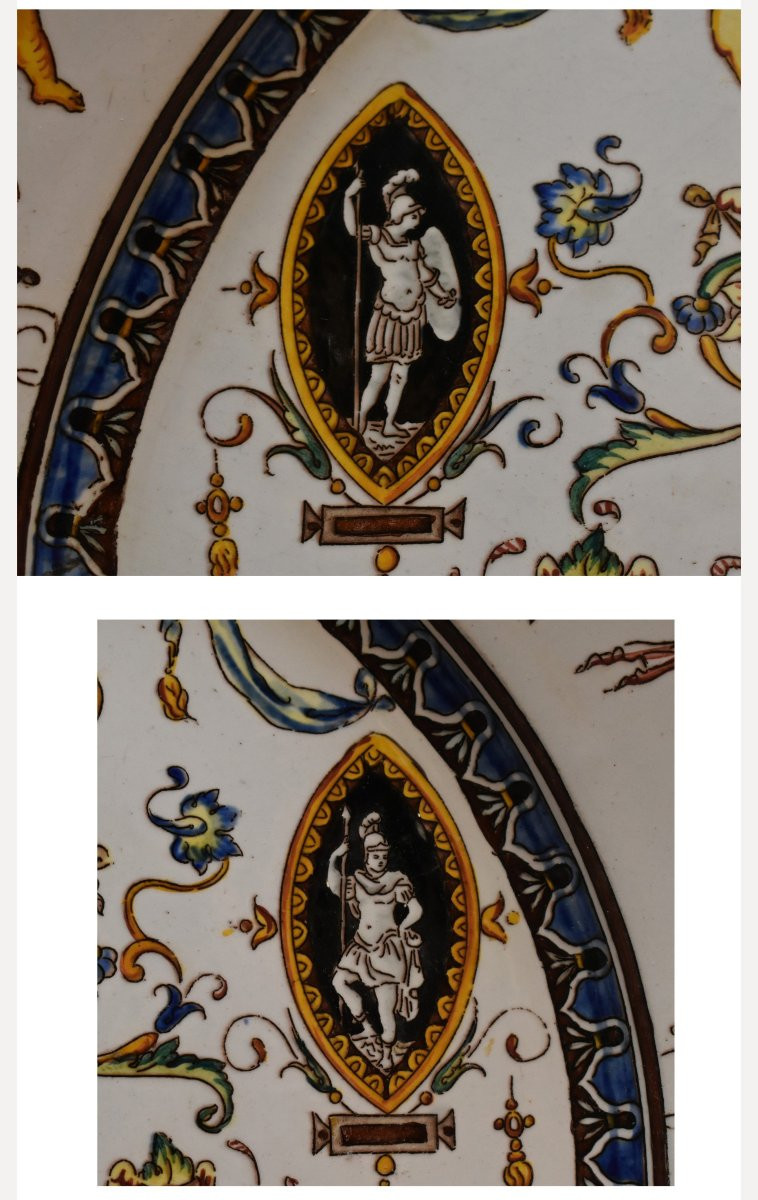 Large Decorative Gien Earthenware Dish, 1866 Period, Italian Renaissance Decor, 19th Century-photo-4